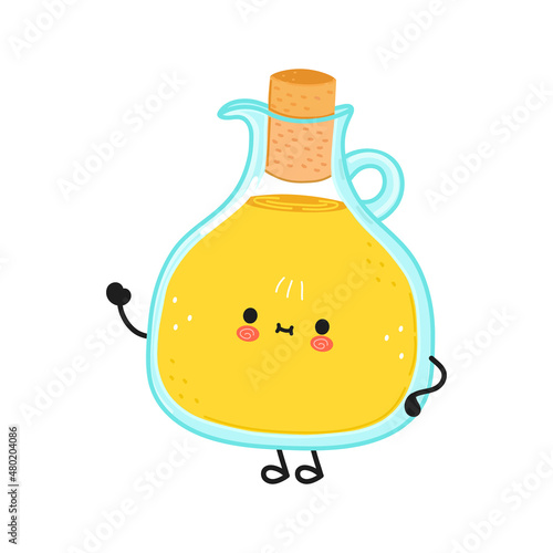 Cute funny olive oil waving hand character. Vector hand drawn cartoon kawaii character illustration icon. Isolated on white background. Happy olive oil character concept