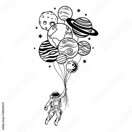 Illustration of cute astronaut flying with planet balloons. Portrait man in space. Astronomy. Spaceman flying with solar system and stars. Design of universe objects.