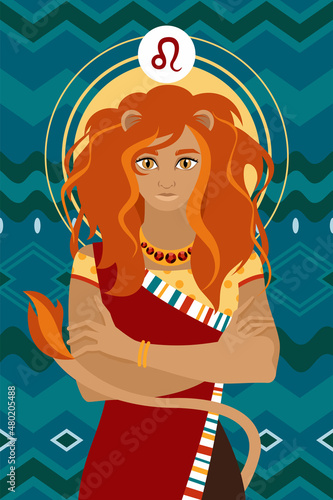 A woman presents an illustration of a horoscope with the astrological zodiac sign Leo. Collection of female magic in cartoon design. Hand drawn vector illustration.