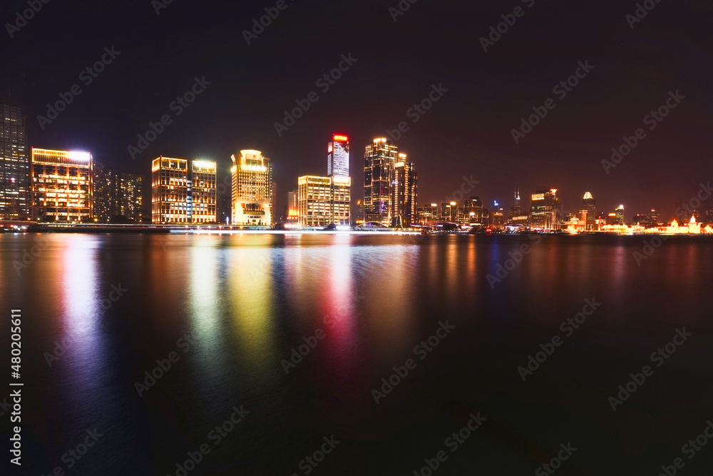 Night view of buildings in Lujiazui, Huangpu River, Shanghai