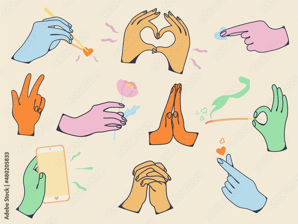Colorful hands and arms expressions. Hand sign big set, ok and love heart, peace and press touch, praying and meditation, chopsticks. Valentine's day. Colorful hands and arms expressions. Hand sign big set, ok and love heart, peace and press touch, praying and meditation, chopsticks. Valentine's day.