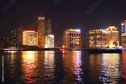 Night view of buildings in Lujiazui  Huangpu River  Shanghai