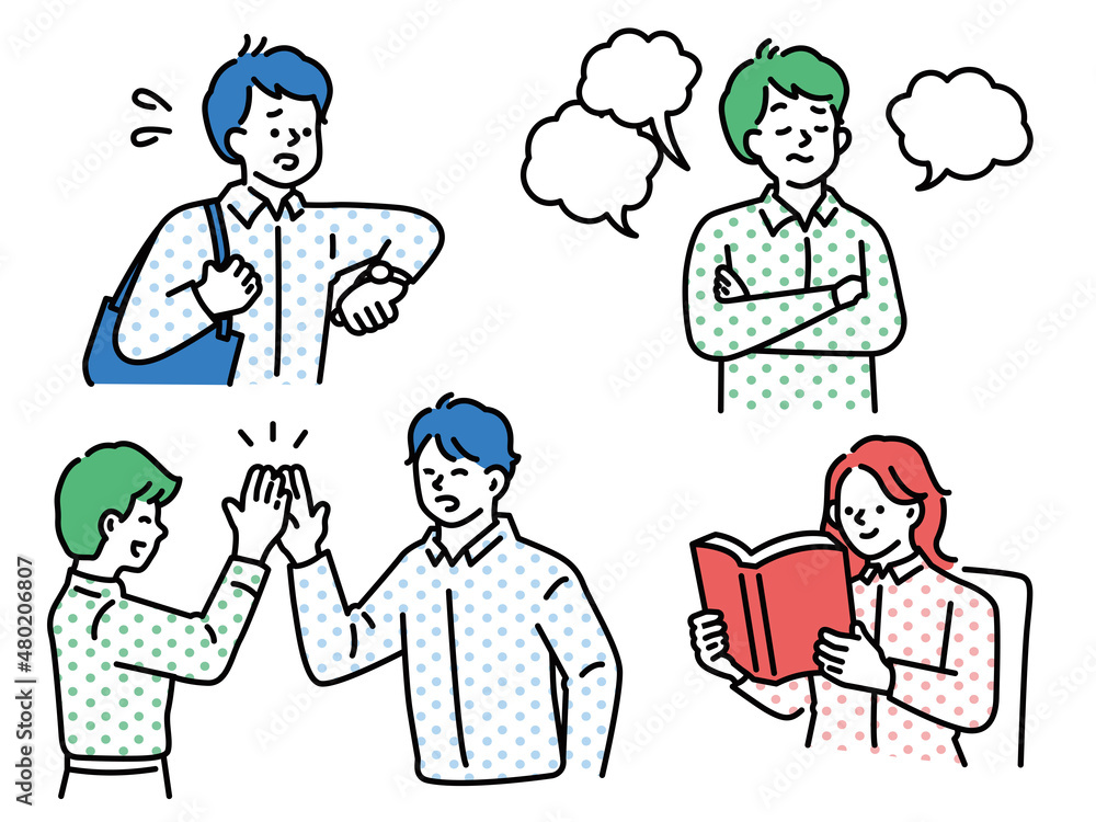 焦る、ハイタッチ、悩む、本を読む(読書、遅刻、喜ぶ、仲間、問題、不満、モヤモヤ) I'm in a hurry, I'm in a high five, I'm worried, I'm reading.Reading, being late, rejoicing, companions, problems, dissatisfaction. 焦る、ハイタッチ、悩む、本を読む(読書、遅刻、喜ぶ、仲間、問題、不満、モヤモヤ) I'm in a hurry, I'm in a high five, I'm worried, I'm reading.Reading, being late, rejoicing, companions, problems, dissatisfaction.