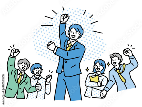 拳を上げる男性のイラスト(合格、内定、就活、卒業、昇進、おめでとう、お祝い、応援、ガッツポーズ、ステップアップ) Passing, job hunting, achievements, promotion, congratulations, congratulations, happy, guts pose, step-up