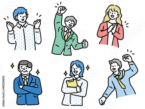 ビジネスに関するアバターイラスト(同僚、ガッツポーズ、スキルアップ、仕事) Avatar illustration of business.Colleagues, guts pose, skill up, work.