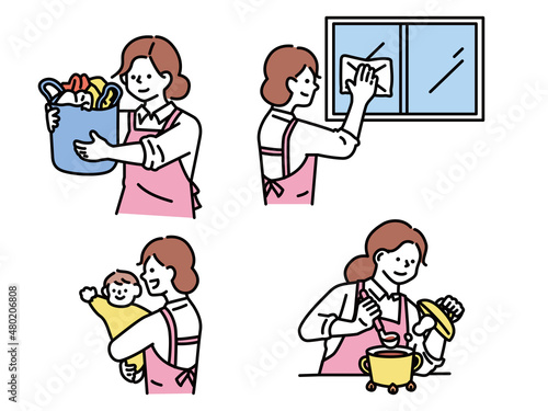 掃除、家事、洗濯、子育て、料理のイラスト(主婦、家族、清潔、整理整頓、大掃除) Illustrations of cleaning, housework, laundry, parenting and cooking.Housewife, family, cleanliness, organization.