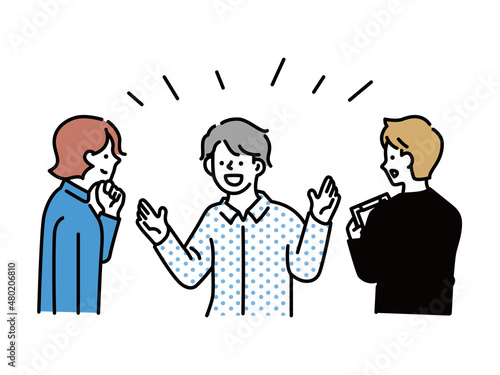ビジネスシーンイラスト(プレゼン、ミーティング、説明、マーケティング、打ち合わせ、お喋り、会話が弾む、ディスカッション) Business scene illustrations (explanations, marketing, meetings, strategies) that can be used for presentations and meeting materials.