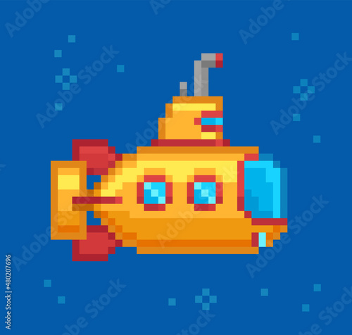 Pixel Art Yellow Submarine bathyscaphe icon for 8bit retro video game. Pixel submarine on blue background 