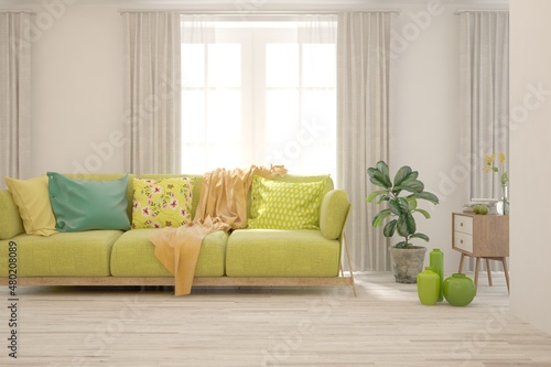 White living room with sofa. Scandinavian interior design. 3D illustration