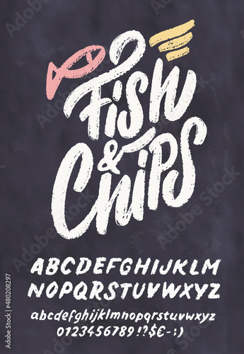 Fish and chips. Vector handwritten chalkboard lettering sign. 