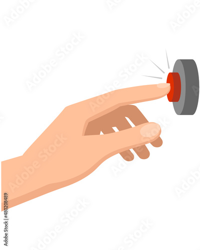 A woman's hand presses a button. Vector element in flat style. Button press, call to number, warning signal, elevator call, selection button.