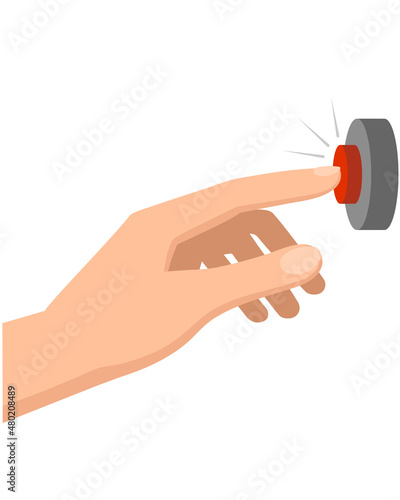 A woman's hand presses a button.
Vector element in flat style.
Button press, call to number, warning signal, elevator call, selection button.