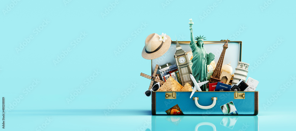 Blue suitcase full of landmarks and travel accessory on blue background 3D Rendering, 3D Illustration - obrazy, fototapety, plakaty 