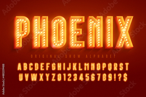 Retro show alphabet design, cabaret, LED lamps letters and numbers.