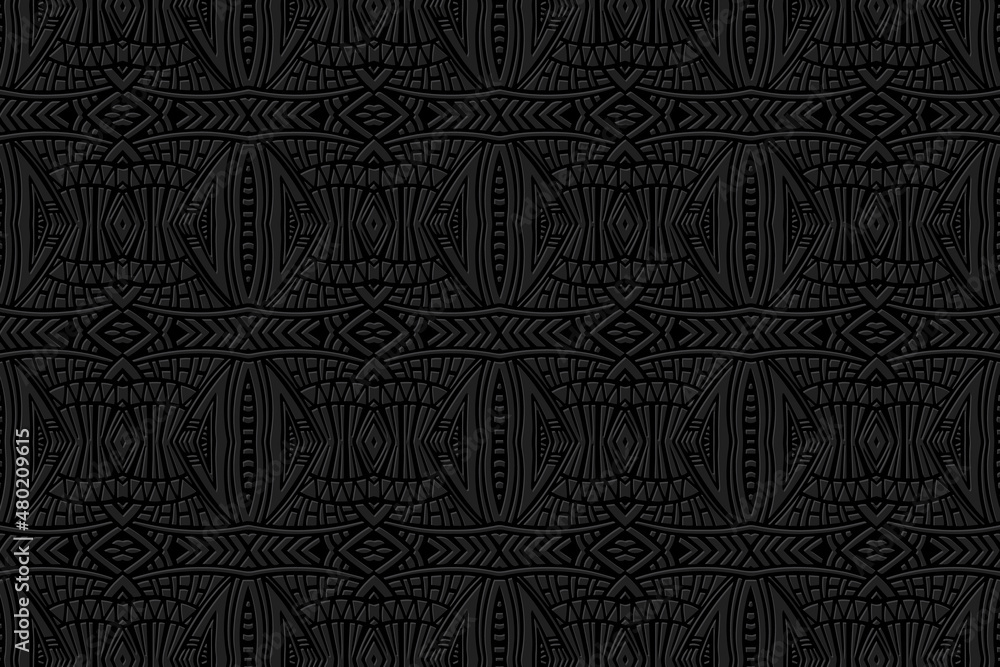 Embossed abstract black background, vintage cover design. Geometric monochrome 3D pattern, handmade style. Ethnic creativity of the peoples of the East, Asia, India, Mexico, Aztec.