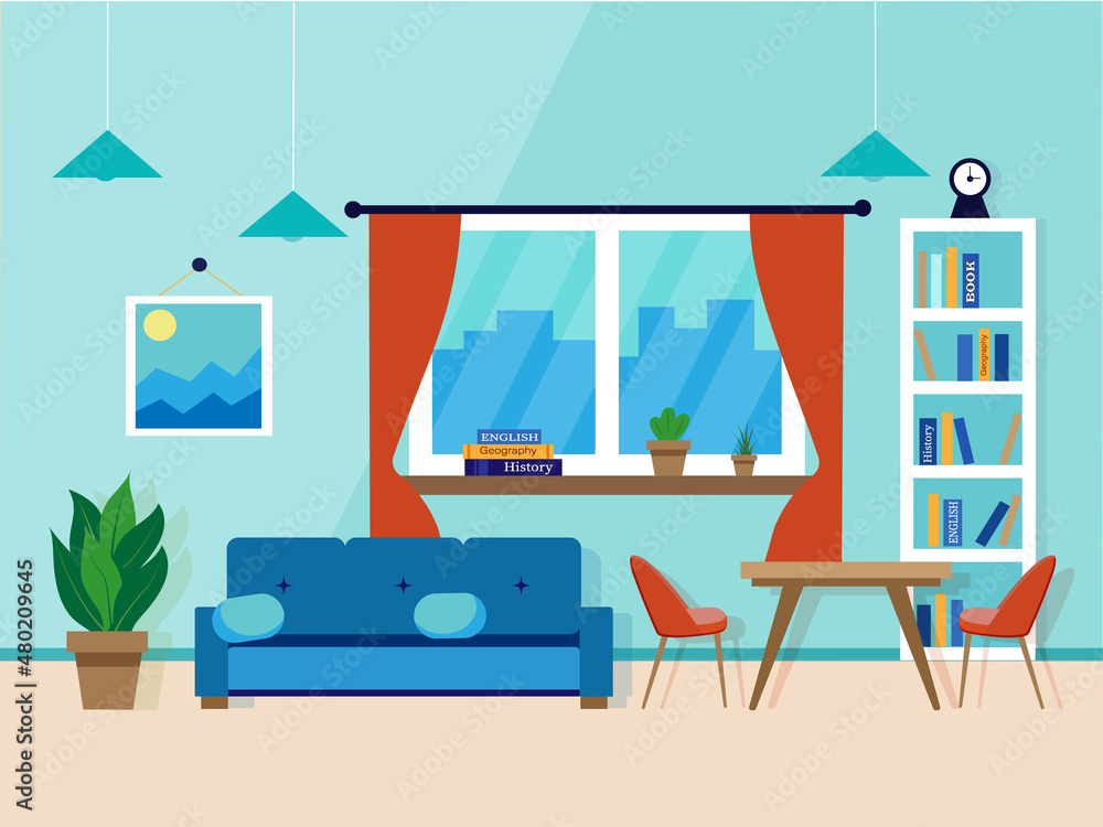 Interior of room. Living room interior. Window, flowerpots, sofa, bookshelf, books, table and chairs. Flat style, vector illustration design template. Interior of room. Living room interior. Window, flowerpots, sofa, bookshelf, books, table and chairs. Flat style, vector illustration design template.