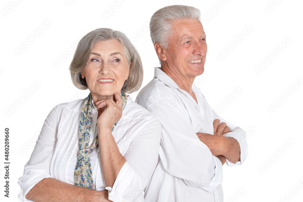 happy beautiful senior couple huging and posing on white background happy beautiful senior couple huging and posing on white background