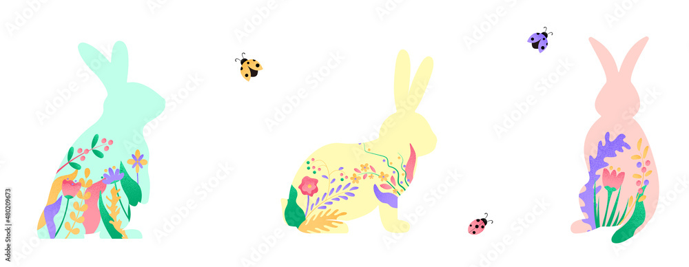Easter bunny set vector illustration. Pink, blue, yellow rabbit with floral, flowers decoration inside hare shape isolated on white background. Cute print design character in flat cartoon style Easter bunny set vector illustration. Pink, blue, yellow rabbit with floral, flowers decoration inside hare shape isolated on white background. Cute print design character in flat cartoon style