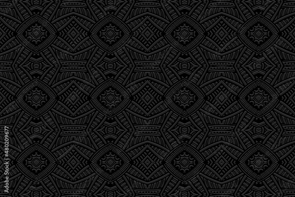Embossed artistic black background, vintage cover design. Geometric monochrome 3D pattern, handmade style. Ethnic creativity of the peoples of the East, Asia, India, Mexico, Aztec.