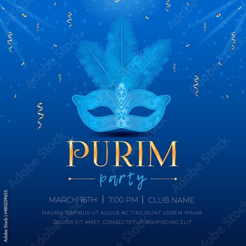 Happy Purim, Jewish holiday celebration party invitation. Masquerade Carnival mask with feathers, sparkles, golden serpentine, and 3d text on blue background Vector illustration.