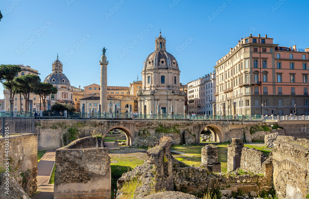 The Church of the Most Holy Name of Mary at the Trajan Forum and Trajan's Column in Rome, Italy.