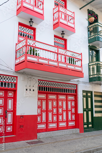 Jardin, Antioquia, Colombia. March 16, 2020: Colonial architecture with colorful facades. photo