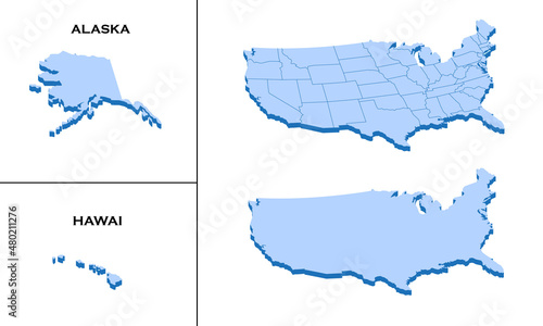 3d isometric america USA map with region border line