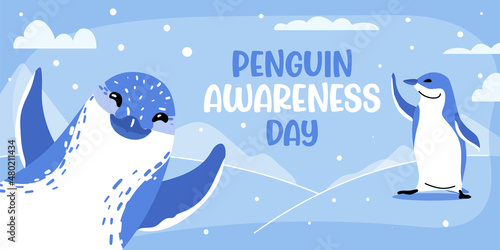 Penguin Awareness Day. January 20. Holiday concept. Template for background, banner, card, poster with text inscription