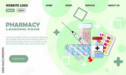 pharmacy store landing page with drugs image in doodle style