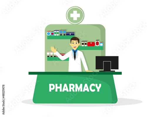 pharmacist in front of drug store