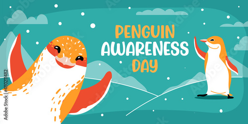 Penguin Awareness Day vector banner. January 20. Holiday concept. Template for background, social media, card, poster with text inscription. Flat style colorful illustration