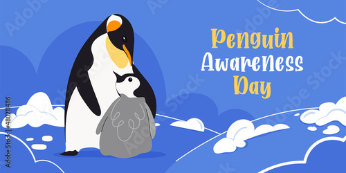 Penguin Awareness Day vector banner on blue background. Good for national penguin day celebration. For background, social media, card, poster with text. Flat design