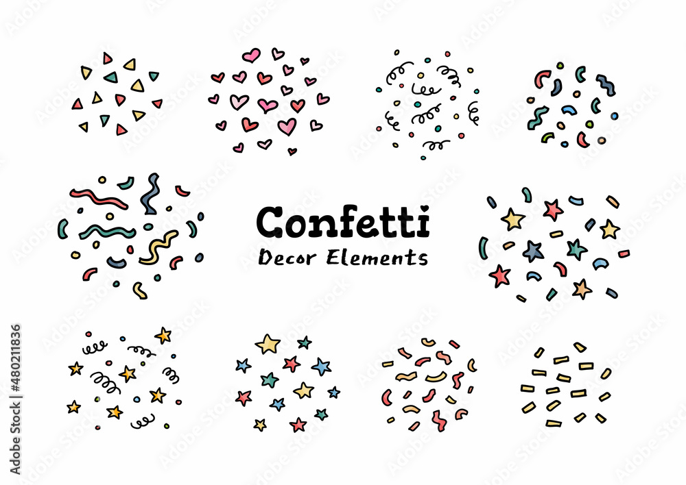 Confetti party decor elements. Hand drawn doodle style colorful confetti firework salute. Flying stars, hearts and ribbons for birthday holiday carnival party. Vector illustration. Confetti party decor elements. Hand drawn doodle style colorful confetti firework salute. Flying stars, hearts and ribbons for birthday holiday carnival party. Vector illustration.