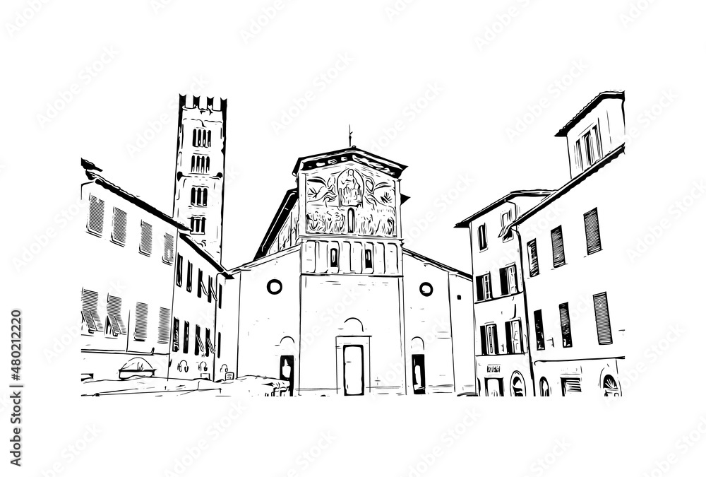 Building view with landmark of Lucca is the 
city in Italy. Hand drawn sketch illustration in vector.