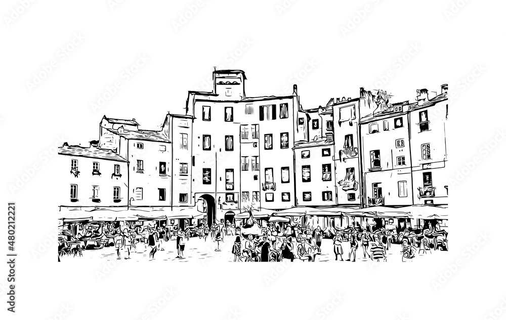 Obraz premium Building view with landmark of Lucca is the city in Italy. Hand drawn sketch illustration in vector.