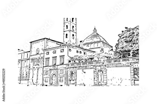 Building view with landmark of Lucca is the city in Italy. Hand drawn sketch illustration in vector.