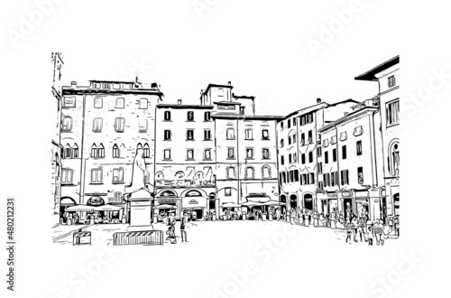 Building view with landmark of Lucca is the
city in Italy. Hand drawn sketch illustration in vector.