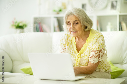 Portrait of beautiful senior woman sitting at table with laptop