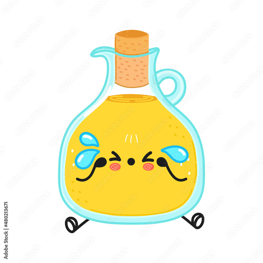 Cute sad olive oil character. Vector hand drawn cartoon kawaii character illustration icon. Isolated on white background. Sad cute olive oil character concept Cute sad olive oil character. Vector hand drawn cartoon kawaii character illustration icon. Isolated on white background. Sad cute olive oil character concept