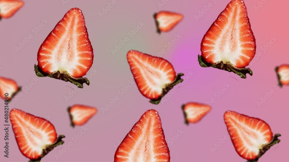 Fresh strawberry. Half of a berry with green leaves flying and wiggle on trending pink multi colored animation background. Love template for mother's and valentine's day girls gift. High quality 4k fo Fresh strawberry. Half of a berry with green leaves flying and wiggle on trending pink multi colored animation background. Love template for mother's and valentine's day girls gift. High quality 4k fo
