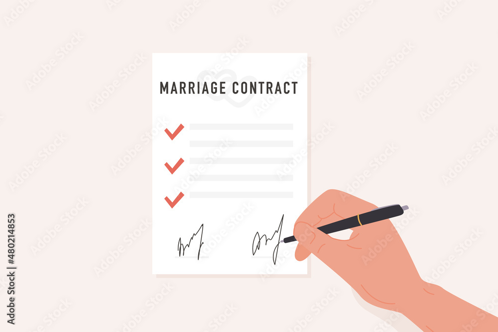 A person hand with pen signing marriage contract flat style illustration. Prenup signed certificate. Prenuptial agreement form with check marks and signatures. Divorce document. Vector illustration. A person hand with pen signing marriage contract flat style illustration. Prenup signed certificate. Prenuptial agreement form with check marks and signatures. Divorce document. Vector illustration.
