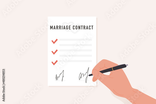 A person hand with pen signing marriage contract flat style illustration. Prenup signed certificate. Prenuptial agreement form with check marks and signatures. Divorce document. Vector illustration.