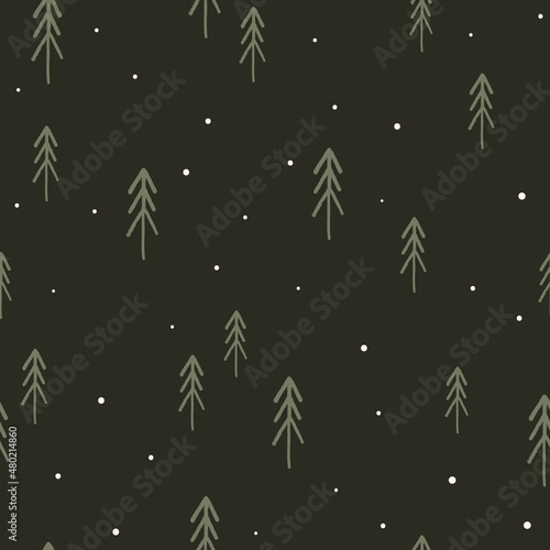 Simple Christmas seamless pattern with minimalist trees, flat vector illustration on dark. Cute winter background, great for wrapping paper or textile design.