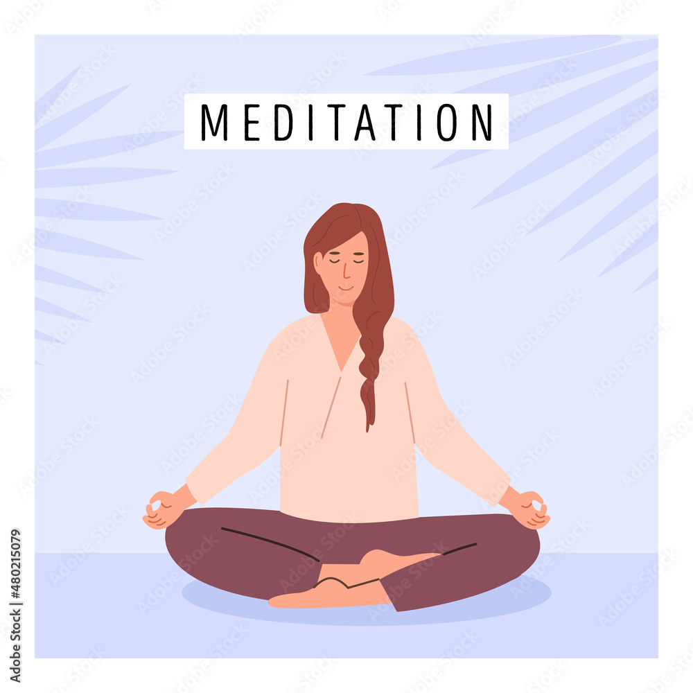 Square poster with young female meditating and doing yoga breathing exercise. Woman practicing Pranayama. Card with capture Meditation with palm leaves on background. Flat style vector illustration. Square poster with young female meditating and doing yoga breathing exercise. Woman practicing Pranayama. Card with capture Meditation with palm leaves on background. Flat style vector illustration.