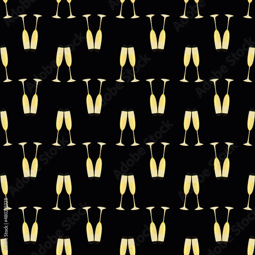 Champagne flutes vector seamless pattern background. Black gold backdrop with prosecco glasses in horizontal rows. Sparkling wine drinks design. Repeat for party celebration, occasion, wedding