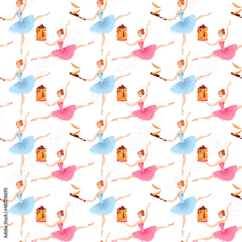 Young ballerinas with pancakes.  Happy Pancake Day  Seamless background pattern.