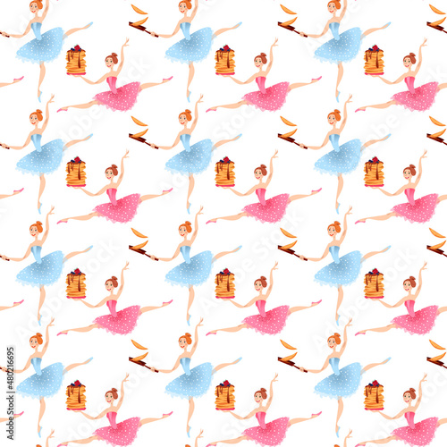 Young ballerinas with pancakes. Happy Pancake Day! Seamless background pattern.