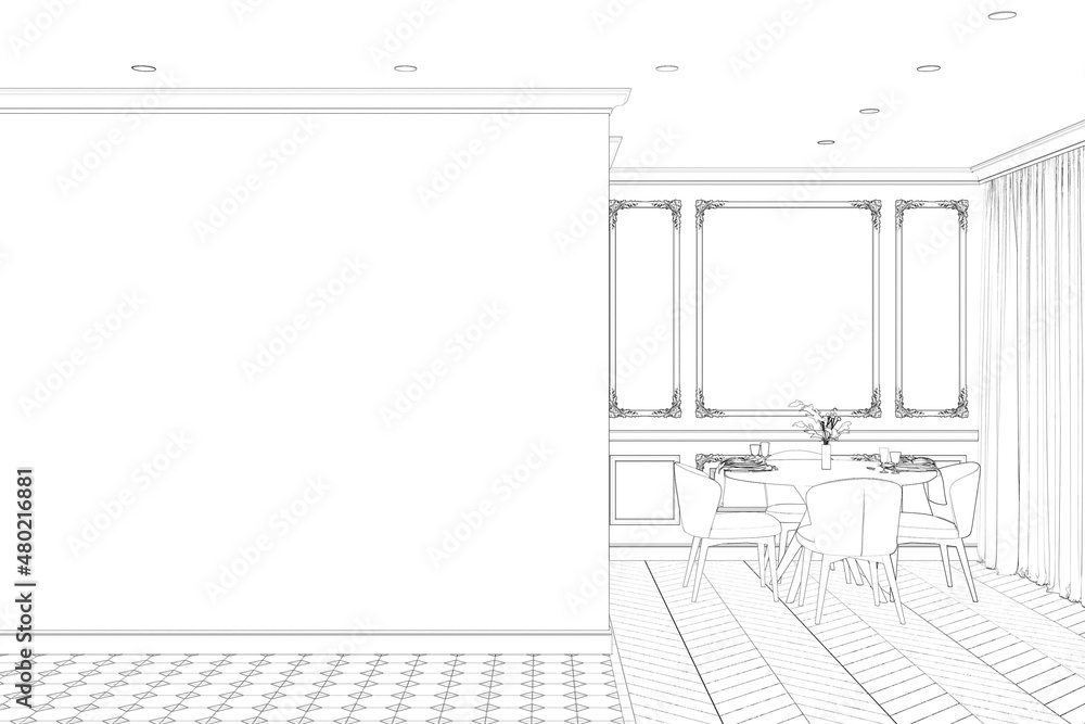 Sketch of the modern classic apartment with a blank wall, a round served table with chairs against a classic wall with moldings, curtains near the window, parquet flooring. Front view. 3d render