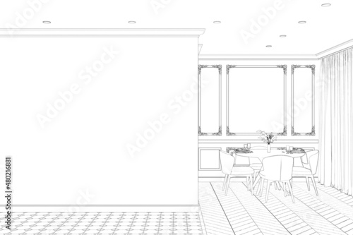 Sketch of the modern classic apartment with a blank wall, a round served table with chairs against a classic wall with moldings, curtains near the window, parquet flooring. Front view. 3d render