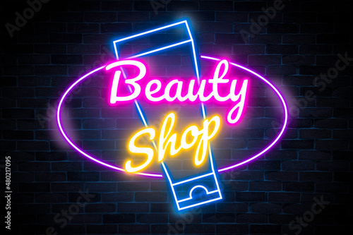 Beauty shop neon banner, light signboard.